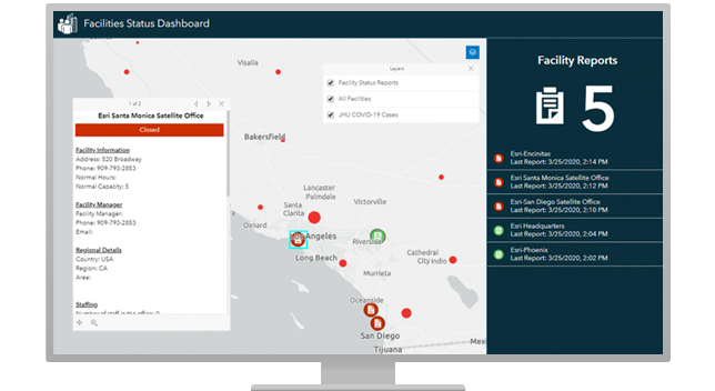 Facility status dashboard showing locations and information