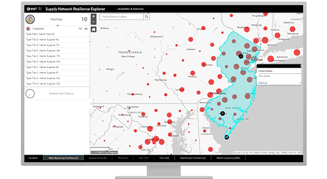 Desktop computer showing mapping software and analysis for supply networks